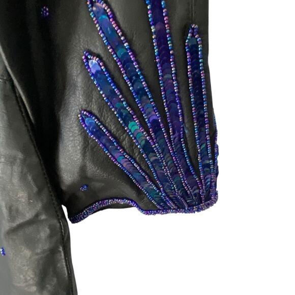 Vintage Black Leather Blue Sequin Beaded Dress size small Unique Groovy - Picture 4 of 9